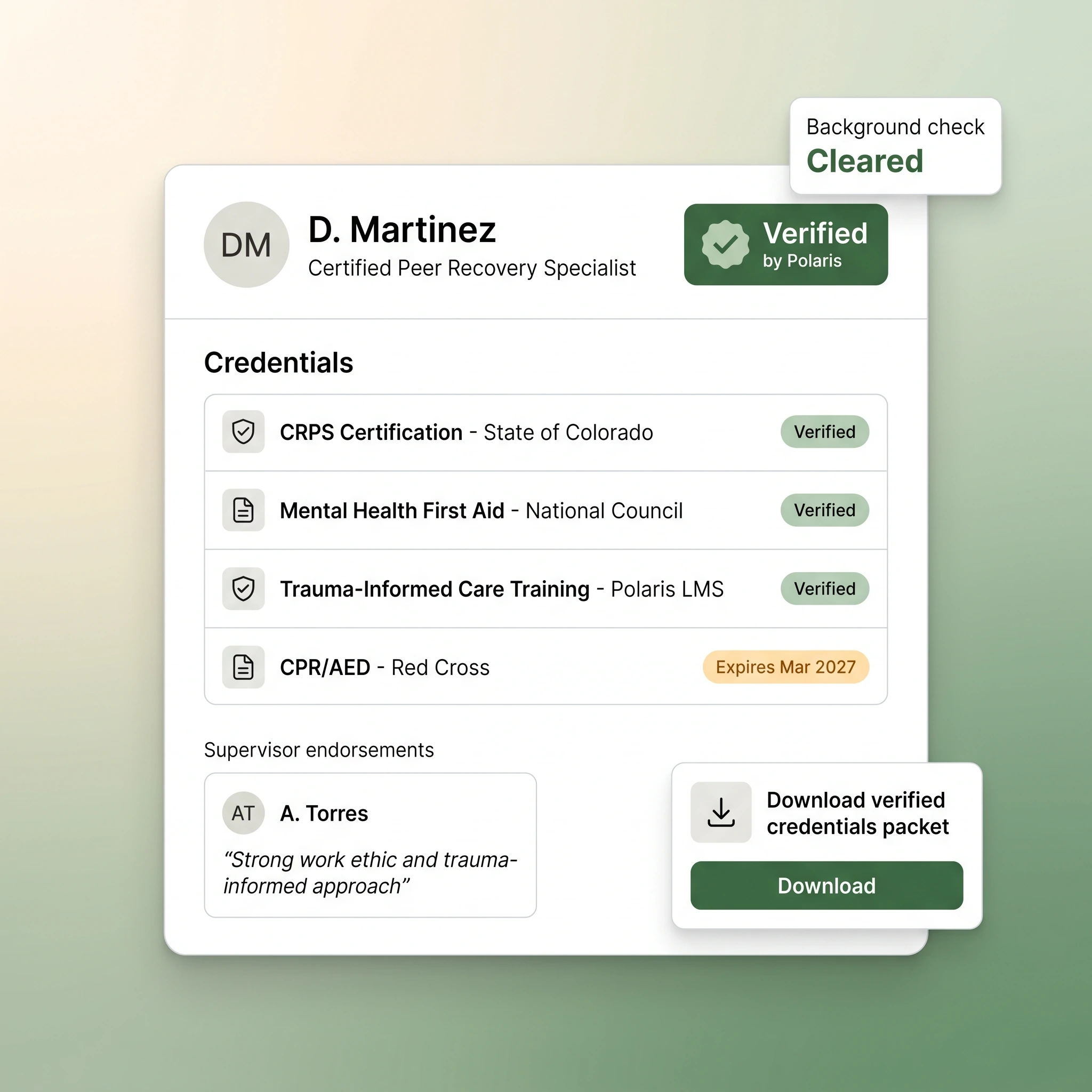 Credentialing wallet view showing portable certifications, verification status, and multi-state credential coverage for a peer specialist workforce